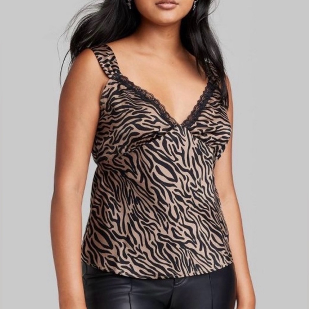 Wild Fable Women’s Black and Tan Satin Lace Animal Print Camisole Top XS